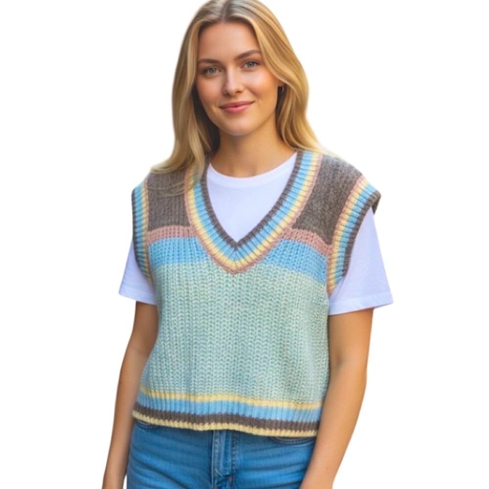 Pol Multicolor Sweater Vest Oversized blue mauve brown cream multi patterns